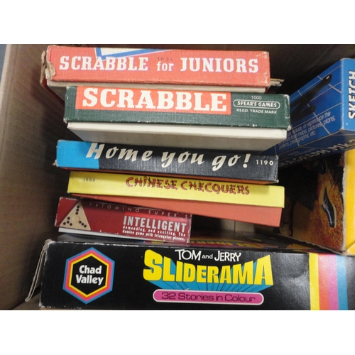 79 - Carton containing games to include Scrabble, Home You Go, Chinese Checquers, Triominoes etc., and a ... 