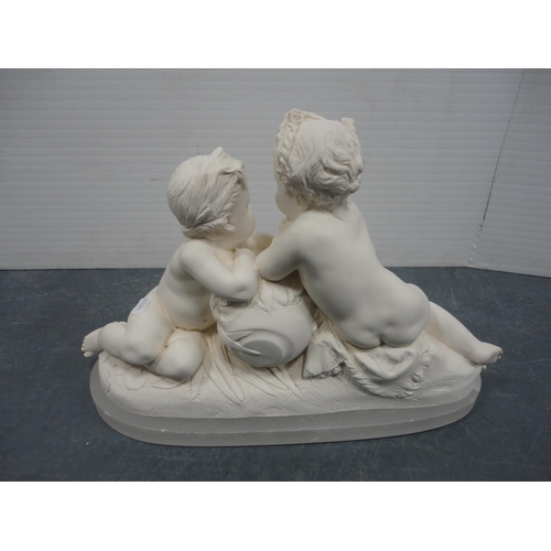 96 - Plaster figure group, after the original, in the form of putti on a plinth base.