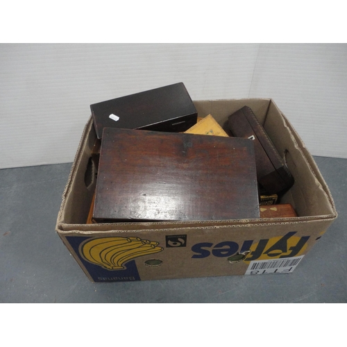 98 - Carton containing a collection of various wooden collector's boxes to include three antique mahogany... 