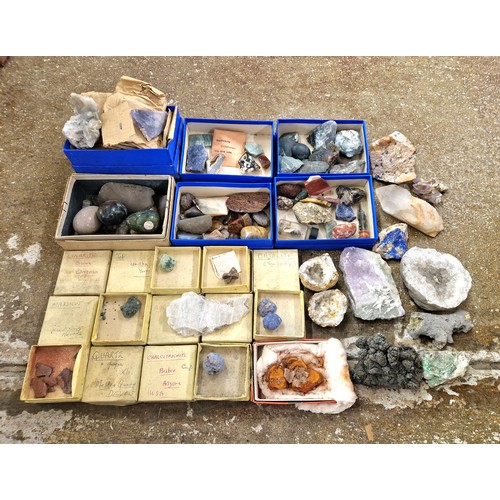 645 - Large assortment of geological and gemmological specimens, fossils, geodes, raw and polished gemston... 