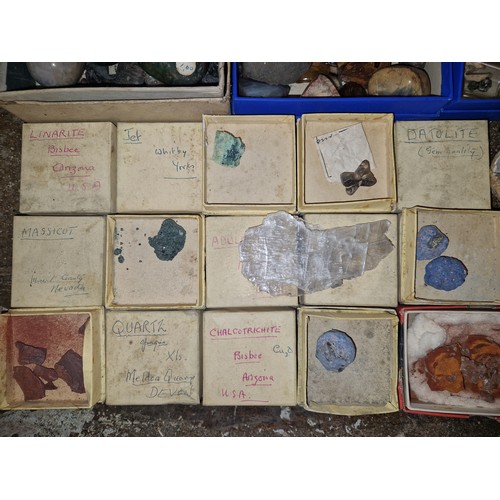 645 - Large assortment of geological and gemmological specimens, fossils, geodes, raw and polished gemston... 