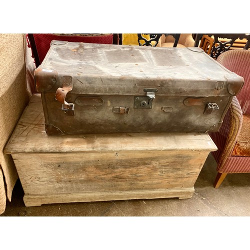 683 - Large vintage leather travel trunk and blanket box