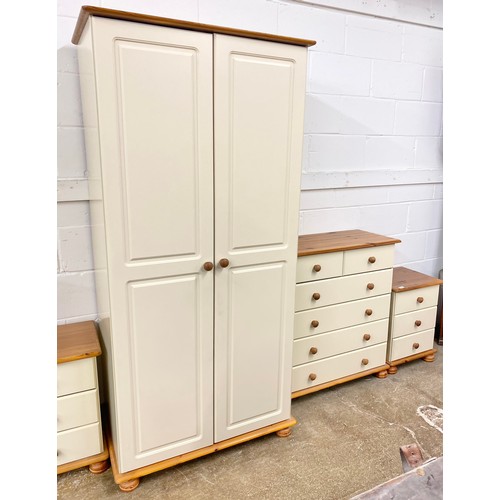 681 - Contemporary cream painted pine bedroom suite comprising bedside drawers (58cm h x 44cm w x  38cm d)... 