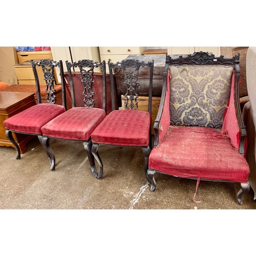 672 - Three antique ebonised side chairs and a matching arm chair