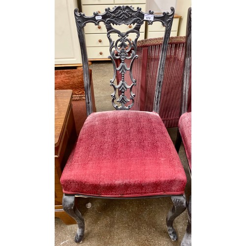 672 - Three antique ebonised side chairs and a matching arm chair