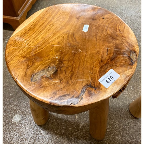 670 - Two rustic look milking stools and an ornately carved stool with mother of pearl inlay