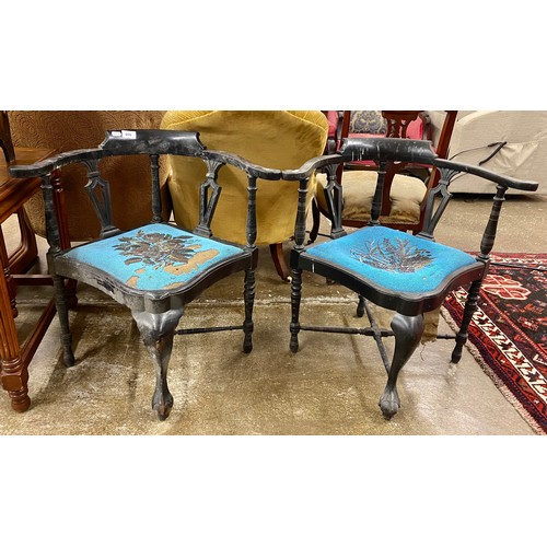 655 - Two small ebonised corner chairs with beadwork seats