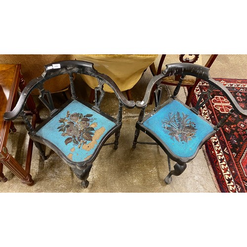 655 - Two small ebonised corner chairs with beadwork seats