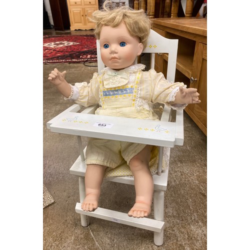 653 - Two vintage ceramic dolls with high chair and basket, and a hand made dolls house