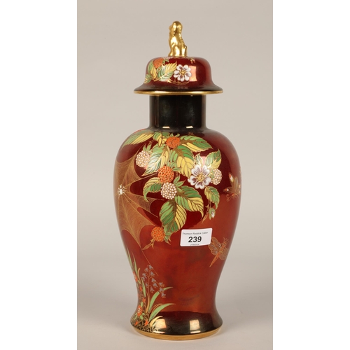 239 - Carlton ware rouge royale baluster vase and cover surmounted with dog of foe.