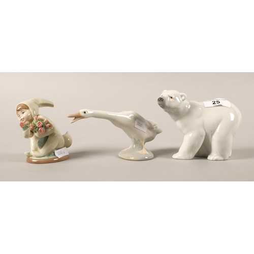 25 - Three Lladro figurines to include polar bear, rabbit child with flowers & goose