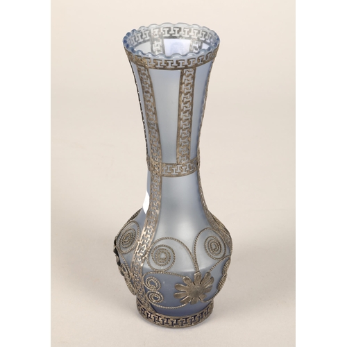 258 - Continental blue glass wire work baluster vase. 18cm and a similar bowl 10cm dia. (2)