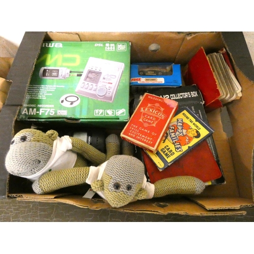 184 - Box of various to include Awa mini disc recorder, soft toys, cards, diecast etc.