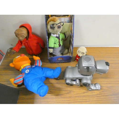 193 - Small box of soft toy tv characters to include Meerkat, ET, K9, etc.