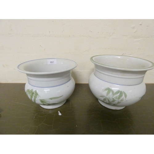 207 - Two antique Japanese pottery bamboo pattern planters.