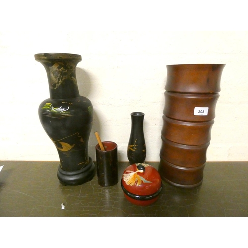 208 - Various Japanese lacquer work vases, trinket pot and large treen vase.