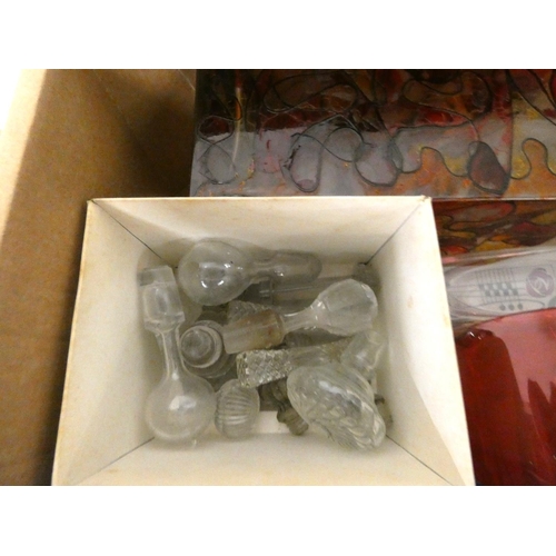 213 - Large box of vintage glassware to include decanter stoppers, vases, cranberry jug etc.