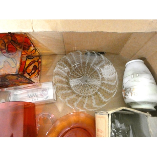 213 - Large box of vintage glassware to include decanter stoppers, vases, cranberry jug etc.