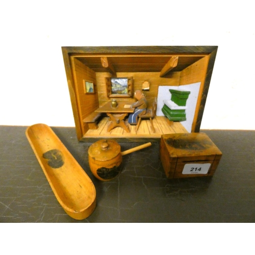 214 - Vintage diorama of a lady reading and Mauchline ware box, pot and pan tray.