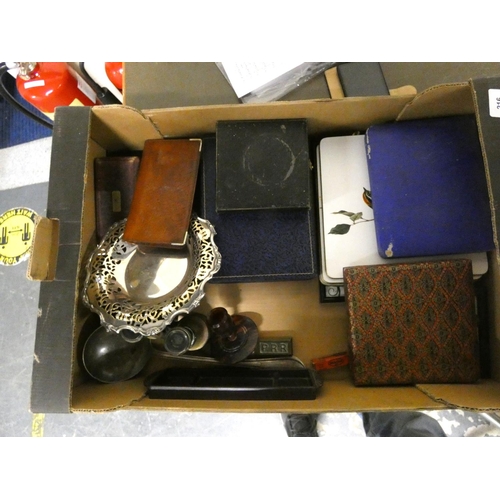 216 - Large box of various cutlery, binoculars, place mats etc.