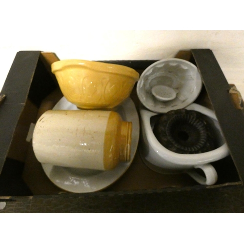 217 - Box of cookware to include Mason jelly moulds and cash bowl.