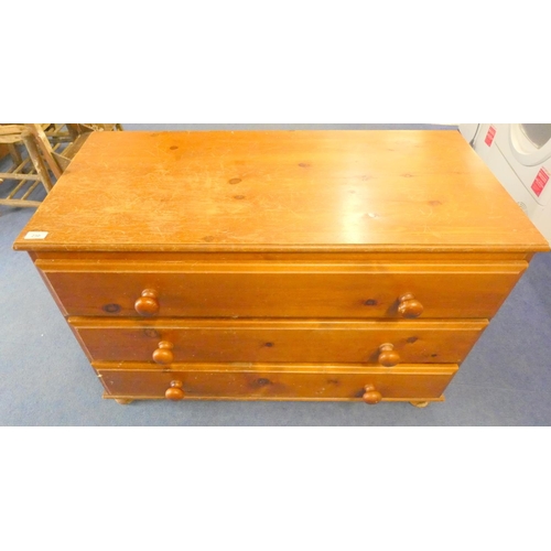 230 - Pine chest of three drawers. Length 100cm, Depth 47cm, Height 67cm