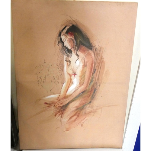 238 - Female study, oil on canvas of a girl sitting and two motor prints.