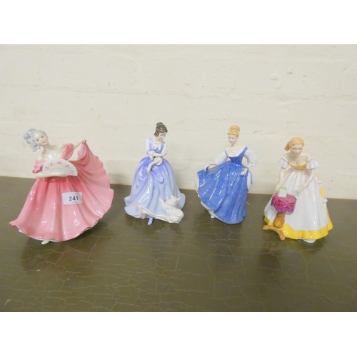 241 - Four Royal Doulton figures, Lorraine HN3118, Royal Doulton Kay HN3340, Elaine HN3337 and Happy Birth... 