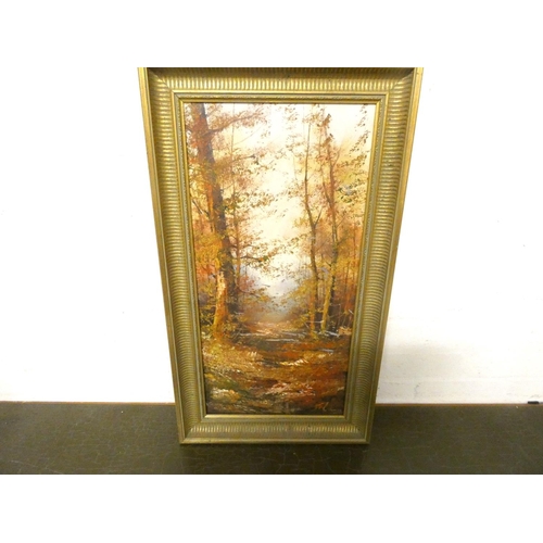 244 - Gilt frame, oil on canvas, woodland landscape, signed indistinctly.