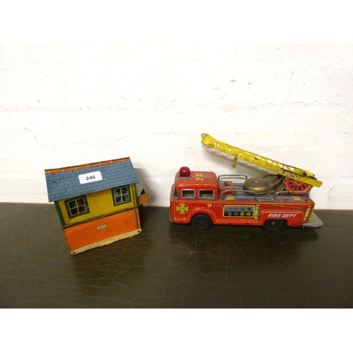 246 - Japanese tin plate fire engine and Hornby tin plate signal box.