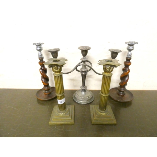 263 - Pair of brass Corinthian style candlesticks and other barley twist candlestick.