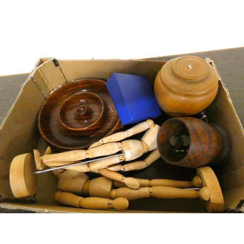 266 - Box of various treen boxes to include trinket box, paperweight, bowl etc.