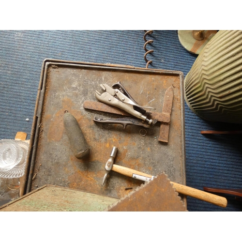 363 - Large box of vintage hand tools including hammers, trowels, tin snips etc