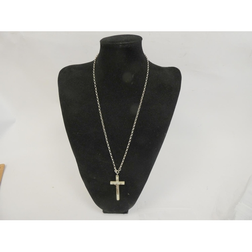 376 - Silver and mother of pearl crucifix on silver belcher chain.