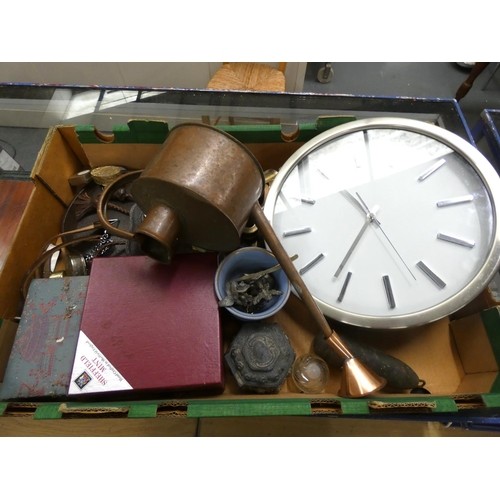 384 - Box of various including watering can, clock, sporran, patch boxes etc.