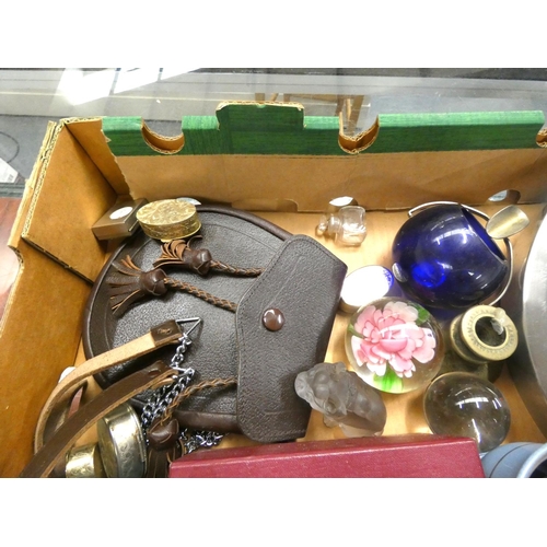 384 - Box of various including watering can, clock, sporran, patch boxes etc.