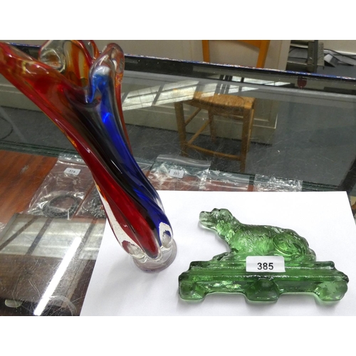 385 - Green glass dog door stop and Murano style vase.