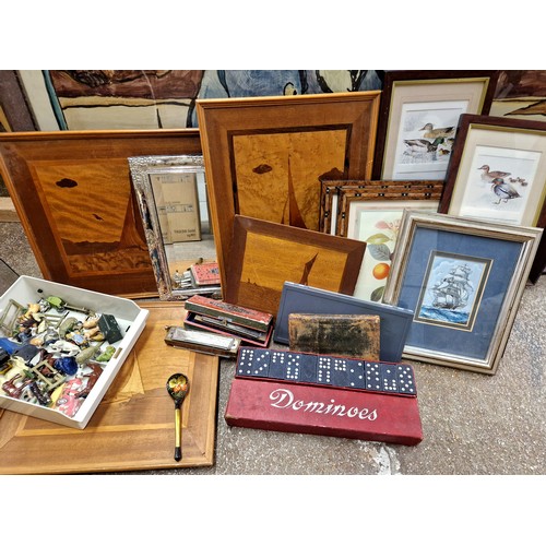 696 - Assorted marquetry pictures of boats, assorted framed prints, dominoes set, bridge set, toy animals,... 