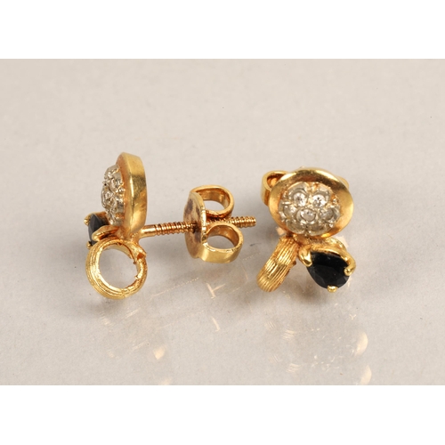 211 - Pair of 18K gold earrings set with diamonds and blue gems, 2.9g