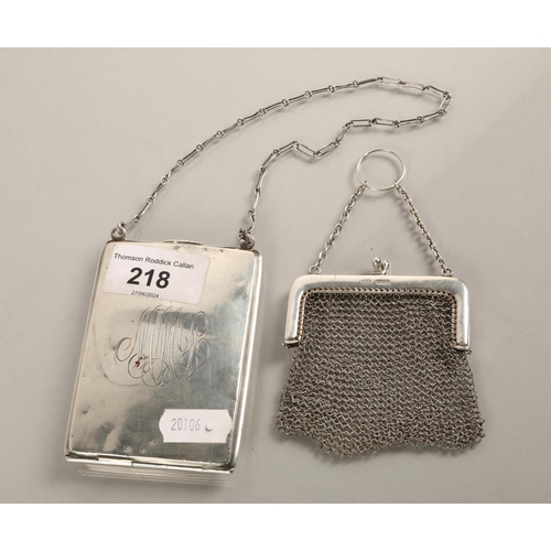 218 - R Blackinton silver compact purse with enamel detail & coin holders inside, and a chainmail chat... 