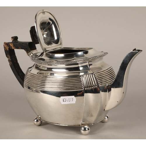 275 - Victorian silver oval part fluted teapot raised on four bun feet, London 1898 (handle at fault)678 g... 