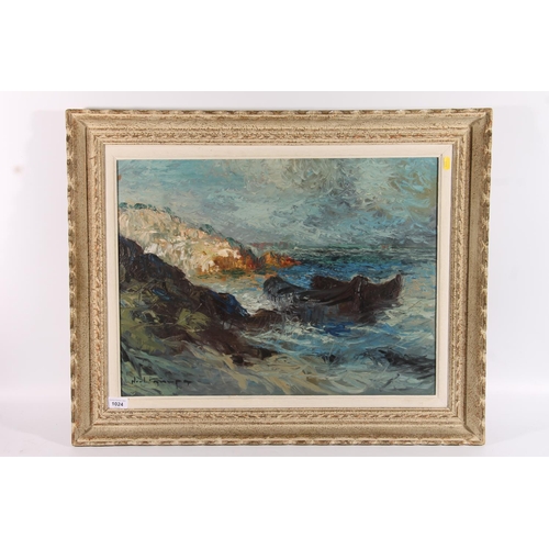 227 - NOEL CANEPA (French b1935) Boats moored by rocky coast Oil painting on board, signed lower left, 45c... 