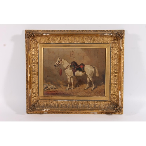 231 - W OSBORNE White horse in a stable wearing Royal Scots Greys (2nd Dragoons) saddle Oil painting, sign... 