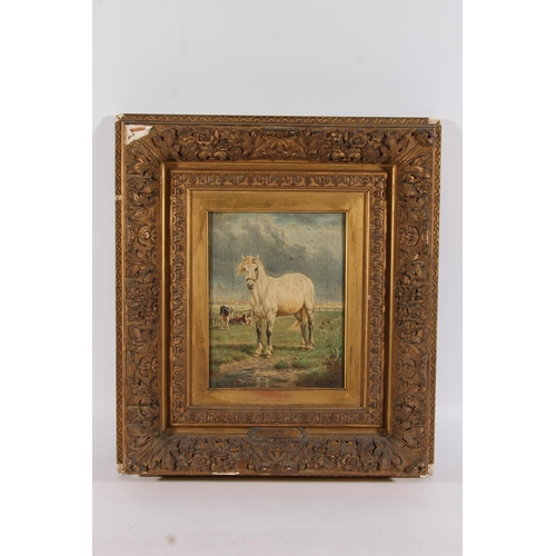 232 - HENRI DE BEUL (Belgian 1845-1900) White horse and two cows in a field Oil painting on board, signed ... 