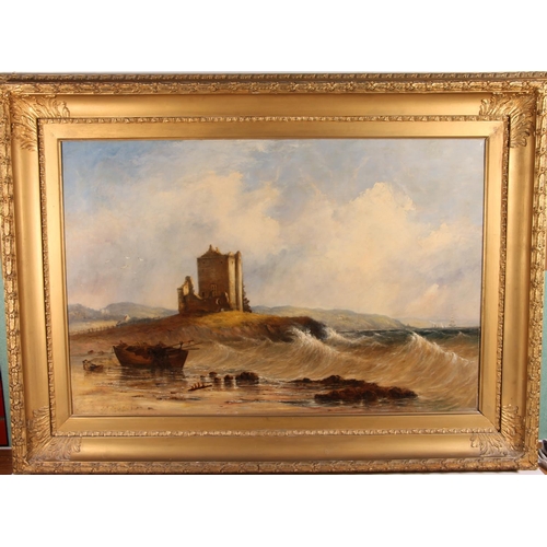 233 - JOHN R PRENTICE (Scottish act. 1845-1879) Castle ruins with rowing boat and figures Oil painting on ... 