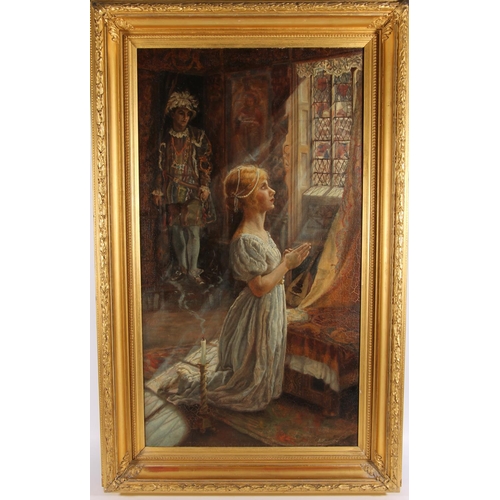 236 - A M KINDBERG Woman at prayer Oil painting on canvas, signed lower right, 90cm x 50cm, frame 111cm x ... 