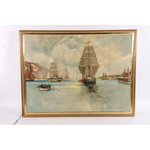 248 - JAMES KAY RSA RSW (1858-1942) Shipping on the Clyde Oil painting on board, signed lower right, 53cm ... 