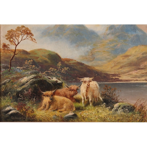 251 - GERMISTON STEWART Highland cattle, Loch Voil, Balquidder Oil painting on canvas, signed lower right,... 