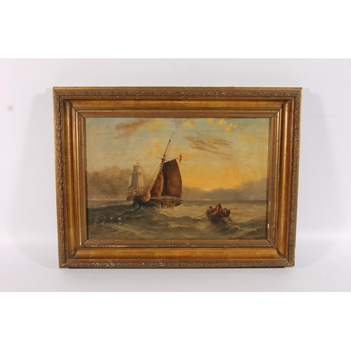 253 - EDWARDS (19TH CENTURY) Sailing boats and rowing boat Oil painting on canvas, signed lower right, 29c... 