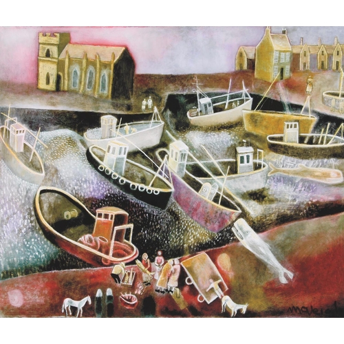 257 - MICHAEL MCVEIGH (Scottish b1957) *ARR* Untitled - harbour scene with whale, horses and figures Oil p... 